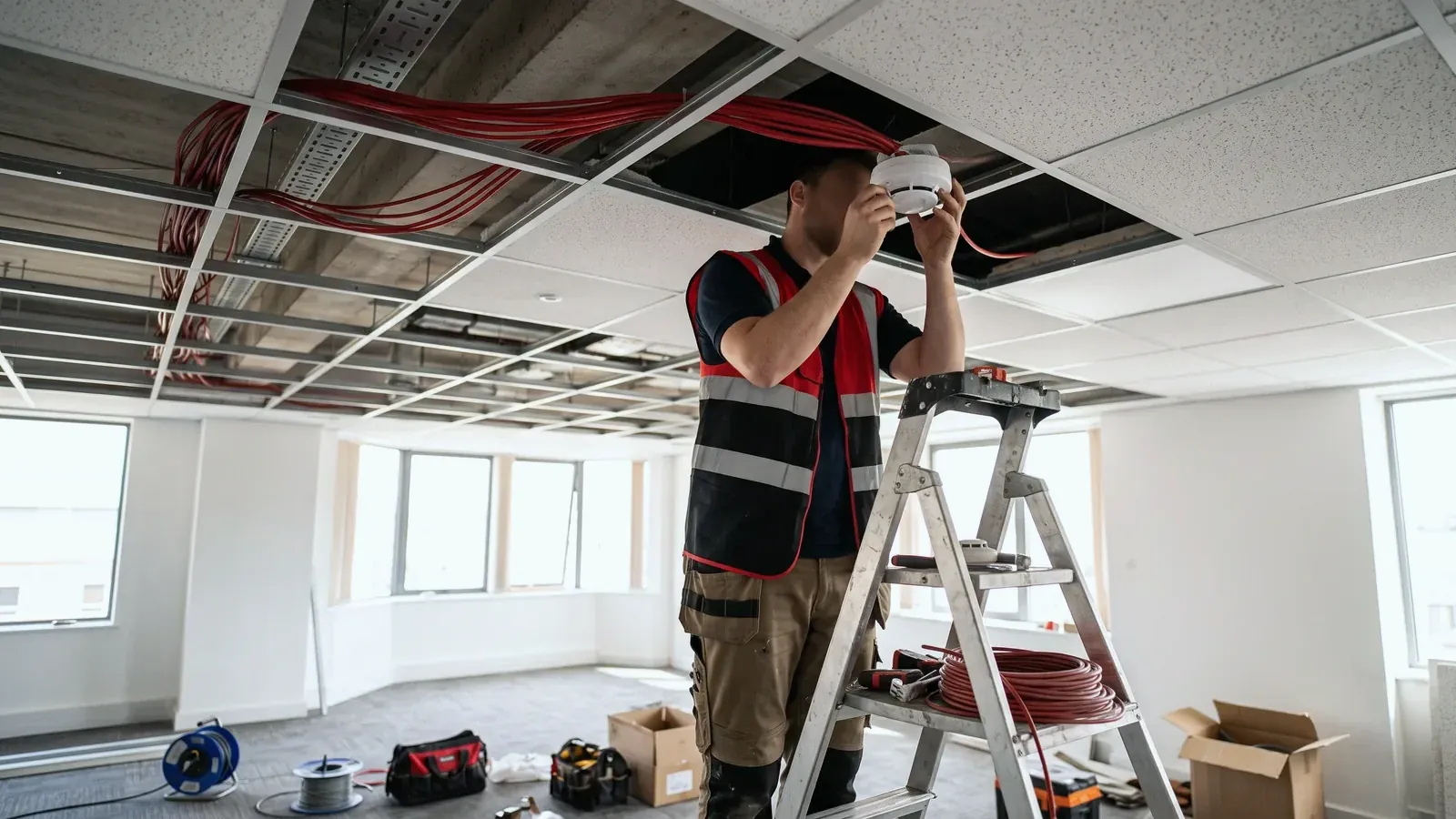 Installer mounting a smoke detector on an office ceiling during a fire alarm installation