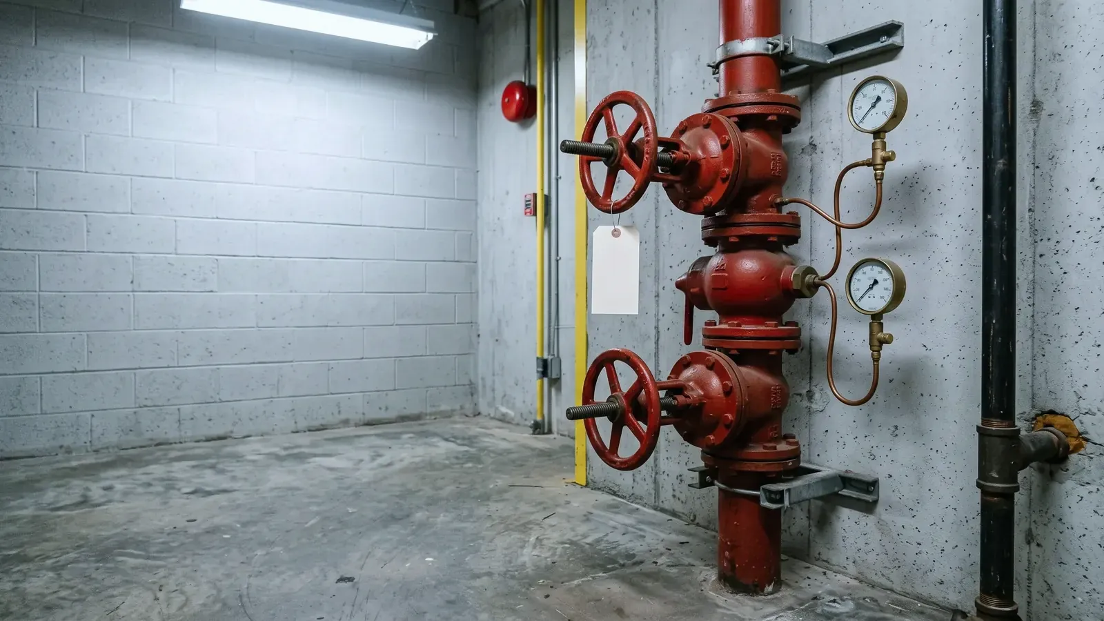 Fire sprinkler riser with red valves and pressure gauges in a commercial building