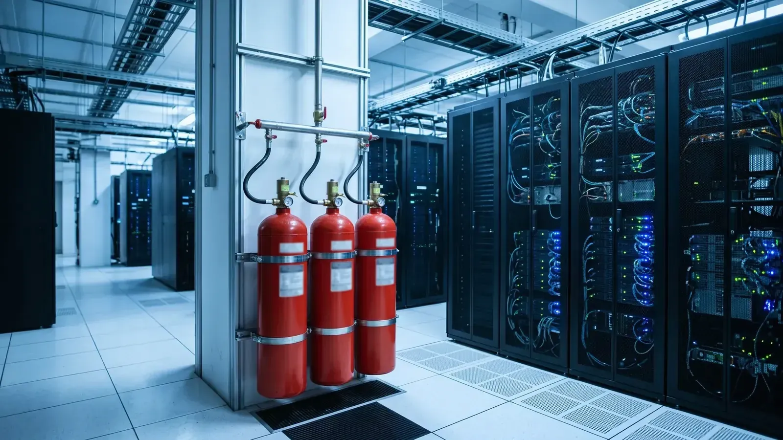 Clean agent fire suppression cylinders in a data center server room