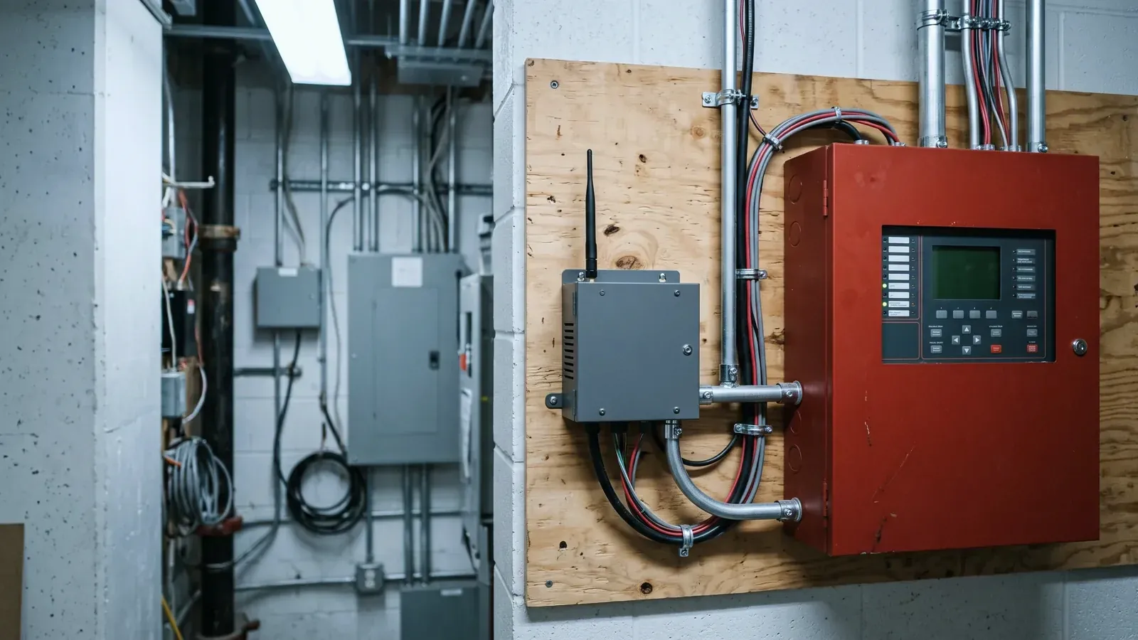 Cellular fire alarm communicator mounted beside a fire alarm panel