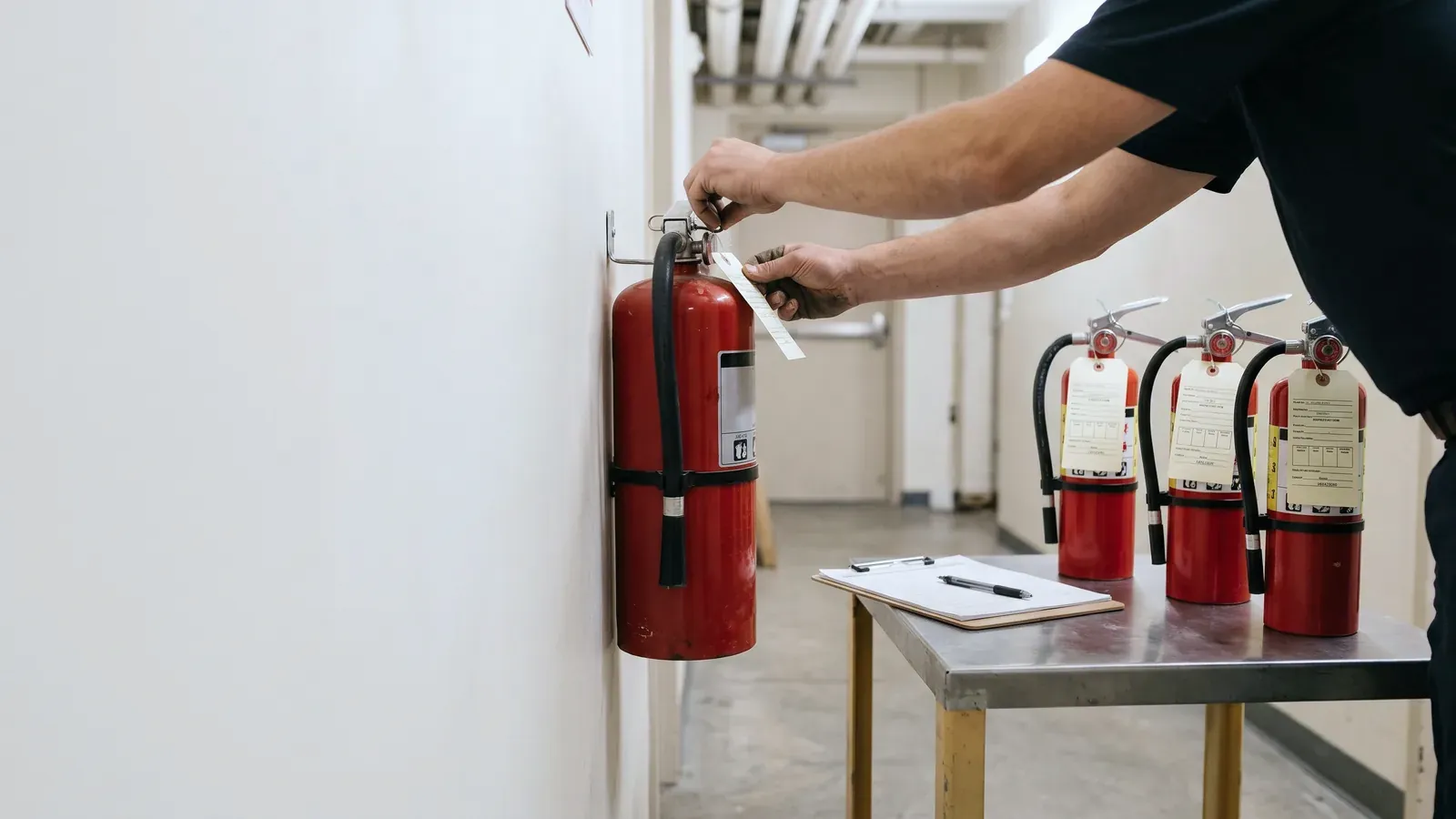 Technician dating the yearly service tags on a row of fire extinguishers, part of fire protection services for a commercial building