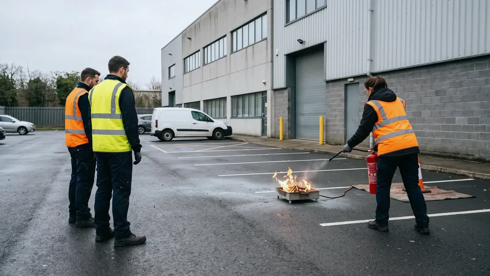Employees practicing with a fire extinguisher during workplace fire safety training