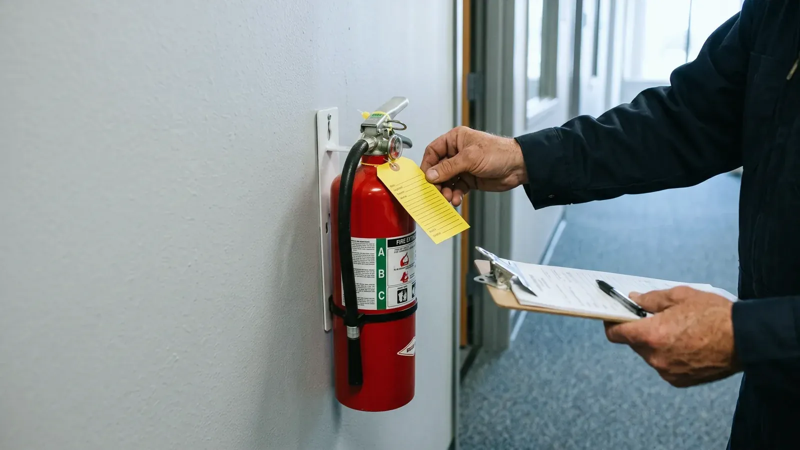Contractor checking a fire extinguisher inspection tag, the kind of work Fire Protection Hub callers ask about