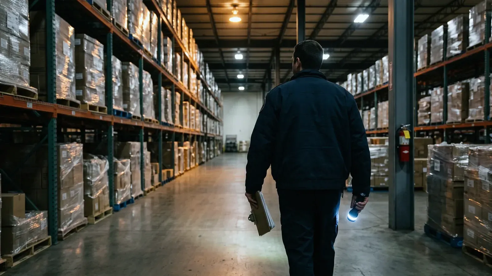 Fire watch guard with a clipboard walking a warehouse aisle at night