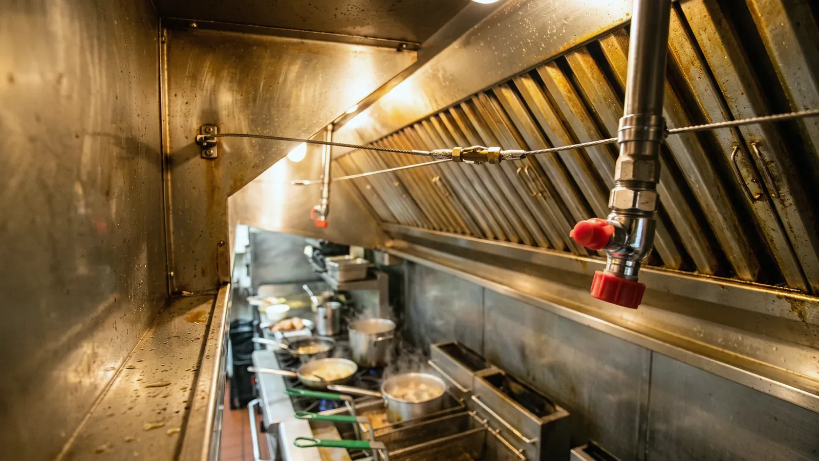 Ansul system nozzle with its blow-off cap and a fusible link on the cable inside a restaurant kitchen hood