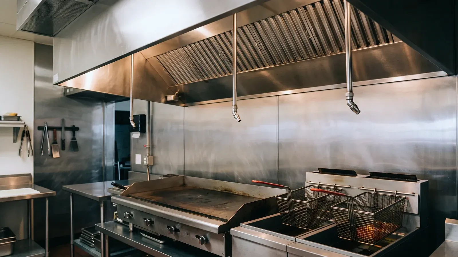 Restaurant kitchen hood with fire suppression nozzles above the cooking line